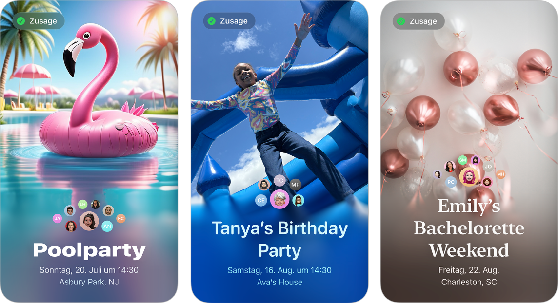 Drei Einladungen von Apple Einladungen. Jede hat ein Hintergrundbild, einen Namen, ein Datum, eine Uhrzeit und einen Ort.