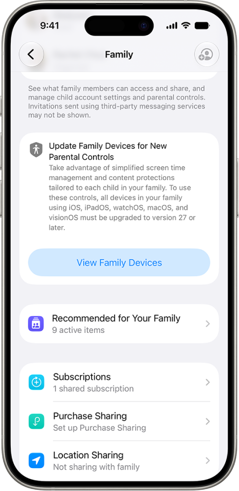 A button in Family Sharing settings showing the option to View Family Devices that need to be updated for version 27 of iOS, iPadOS, macOS, watchOS, and visionOS.