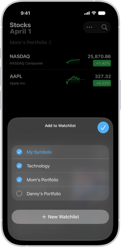 A list of customized watchlists in the Stocks app: My Symbols, Mom’s Portfolio, Sustainability, and Entertainment.
