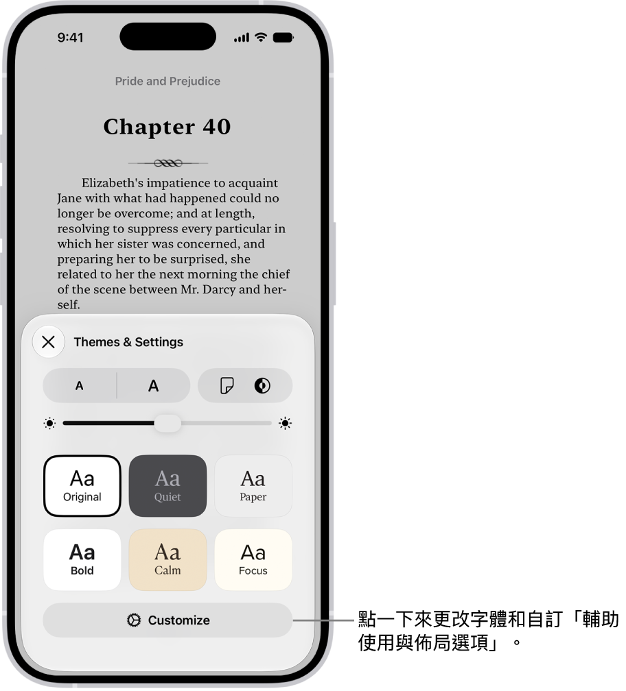 「書籍」App 中某本書的一頁。「主題與設定」選項，顯示字體大小、捲動顯示方式、翻頁樣式、亮度和字體樣式的控制項目。