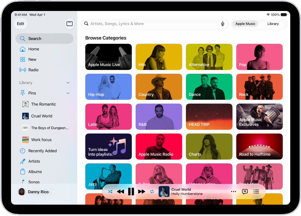 The Search tab showing the sidebar at the left and a search field at the top. Below the search field, various categories of music appear. The MiniPlayer is at the bottom.