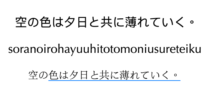A TextEdit document showing romaji characters converted into hiragana using Live Conversion.