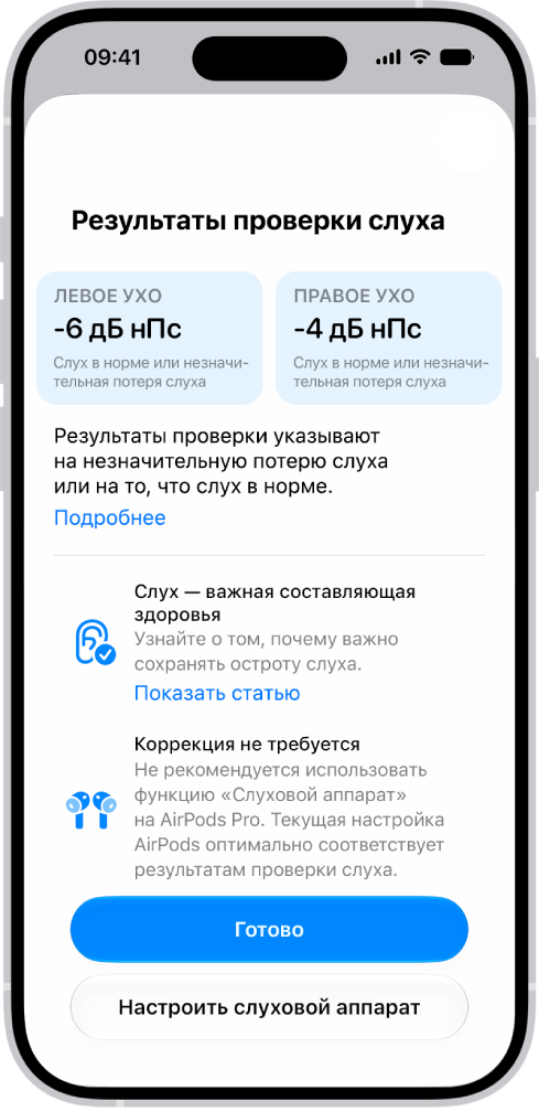 На iPhone открыты результаты проверки слуха, показывающие отсутствие нарушений или незначительную потерю слуха в&nbsp;обоих ушах. Внизу экрана доступны кнопки «Готово» и&nbsp;«Настроить слуховой аппарат».