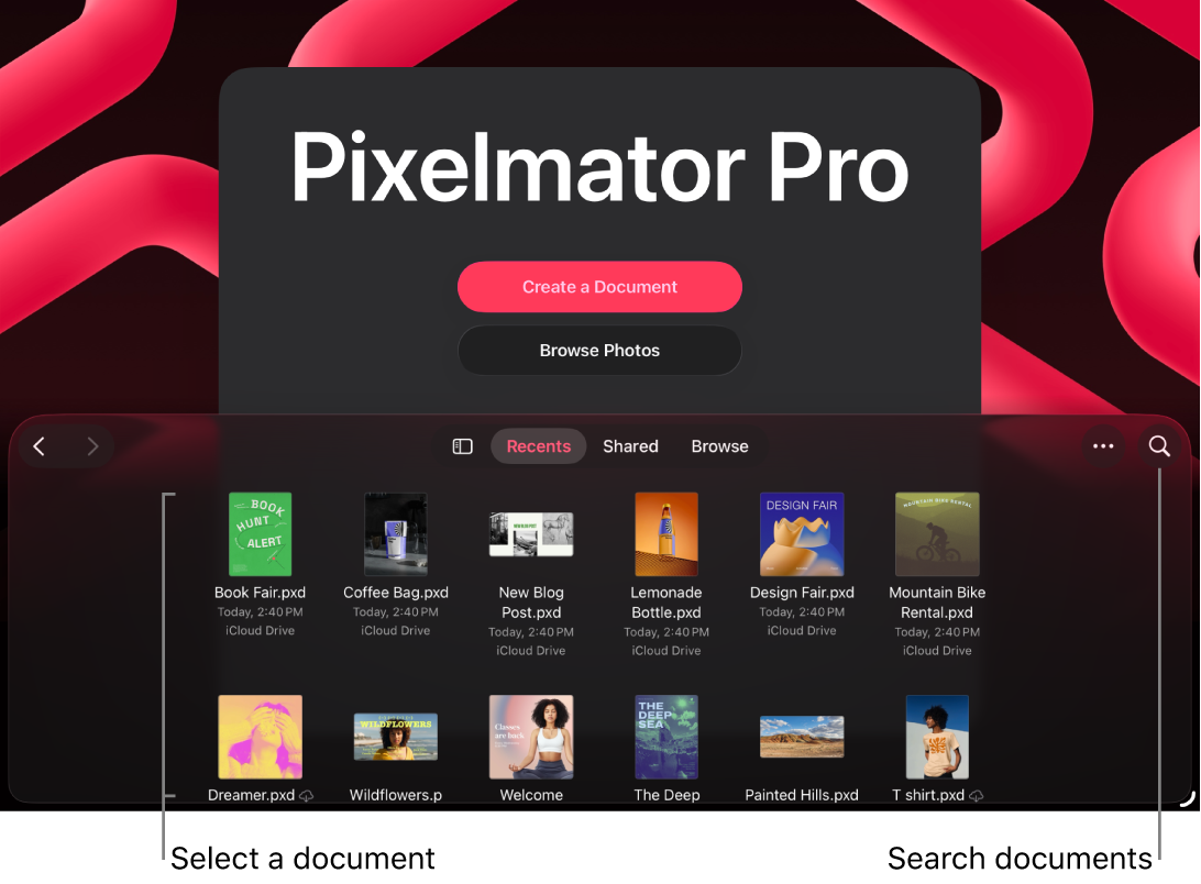 The Pixelmator Pro welcome screen.