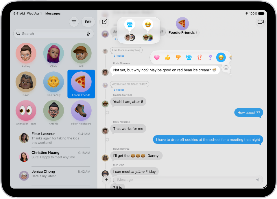 A Messages conversation with Tapbacks attributions visible near the top of the screen, and the Tapbacks menu visible above a message.