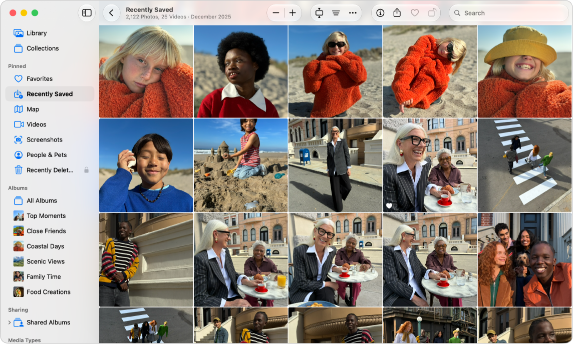 The Photos window with Recently Saved selected in the Pinned section of the sidebar.