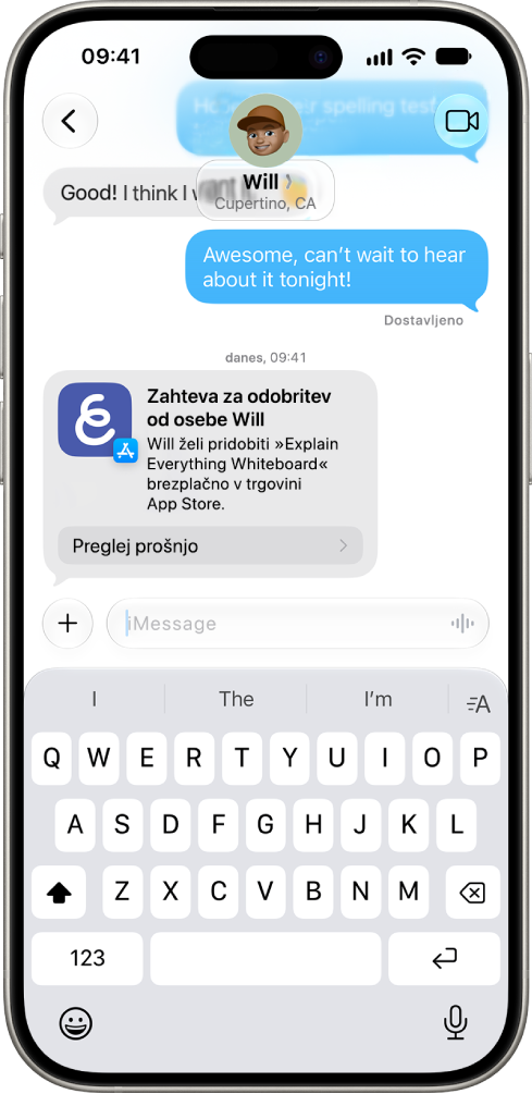Pogovor v aplikaciji Sporočila med otrokom in staršem z zahtevo za Nakup z dovoljenjem za prenos aplikacije iz trgovine App Store.