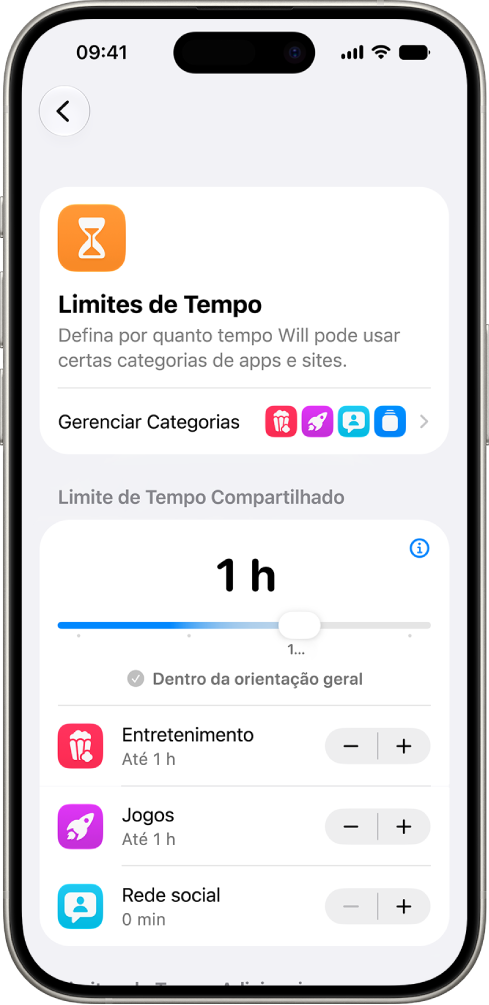 A tela Limites de Tempo nas configurações de Tempo de Uso mostrando a quantidade de tempo permitida para Entretenimento, Jogos e Redes Sociais.