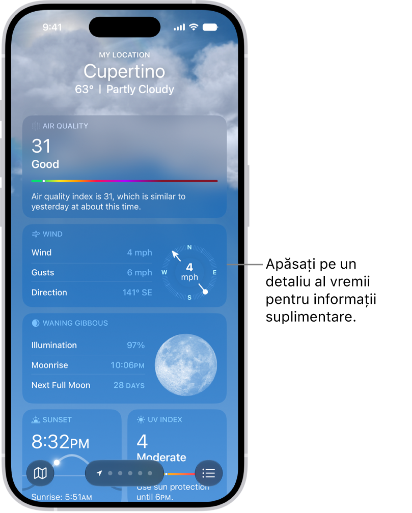 Aplicația Vremea afișând detalii meteo pentru un loc.