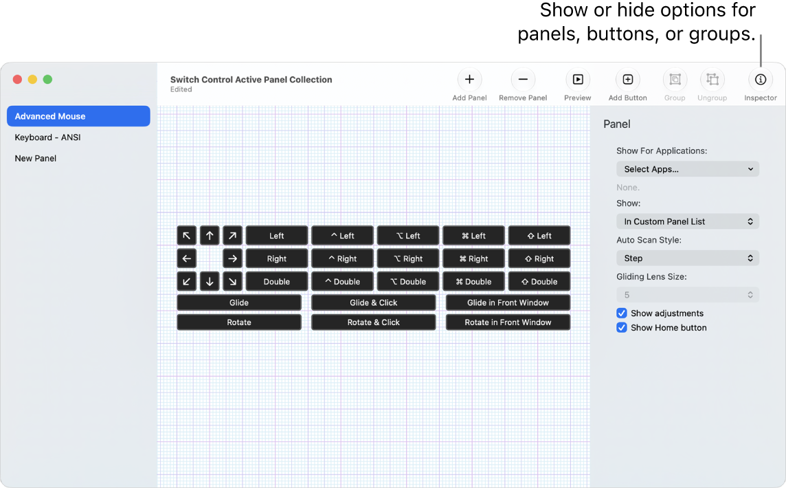 A Panel Collection window showing the Inspector button at the right end of the toolbar, for setting options for panels, buttons, and groups.