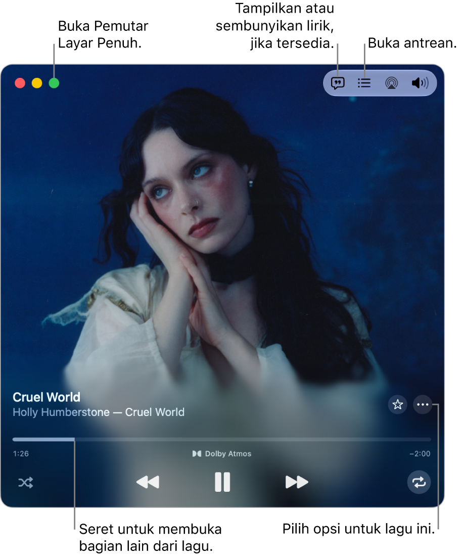 MiniPlayer yang diperluas menampilkan kontrol untuk lagu yang sedang diputar. Di pojok kiri atas adalah kontrol jendela yang digunakan untuk membuka dan menutup Pemutar Layar Penuh. Bagian utama jendela menampilkan gambar album untuk lagu yang sedang diputar. Di bawah gambar terdapat penggeser untuk pindah ke bagian lain dari lagu. Tombol untuk menyesuaikan volume, menampilkan lirik, dan membuka antrean berada di bagian atas.