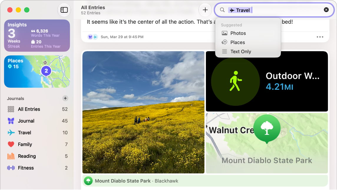 A screen in the Journal app showing journal entries with the Search field at the top right.