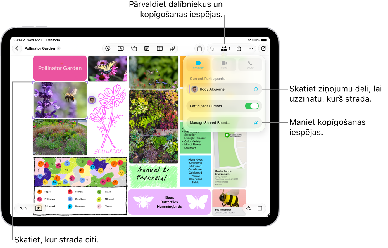 Koplietojama Freeform tāfele iPad ierīcē ar atvērtu sadarbošanās izvēlni un citu dalībnieku atrašanās vietu tāfelē, kas atzīmēta ar krāsainām atzīmēm.