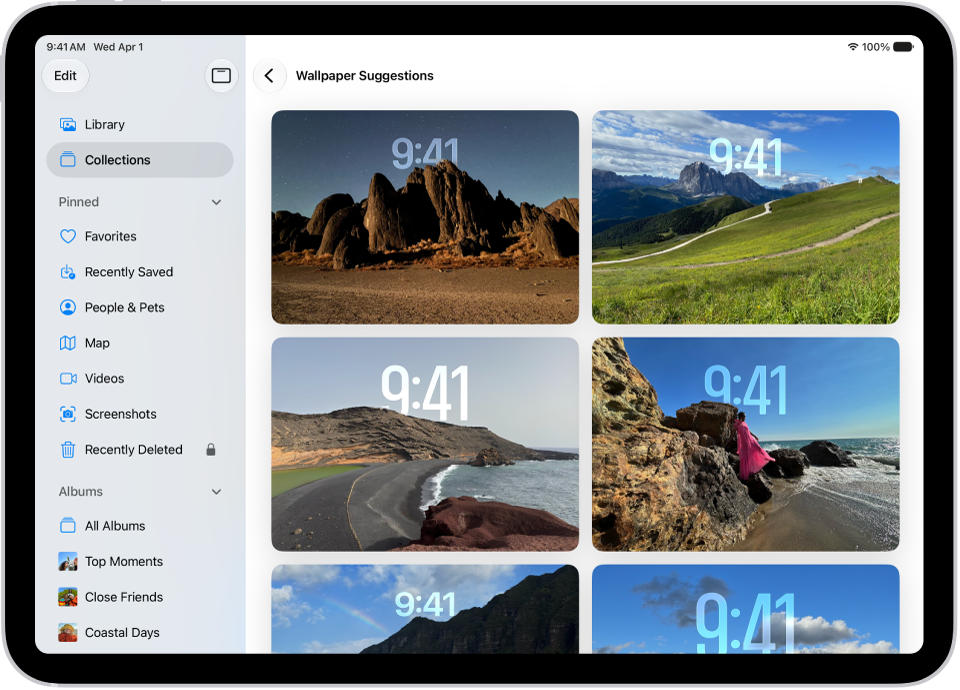 Wallpaper Suggestions is open in the Photos app. Automatically generated combinations of photos, filter effects, and clock face fonts appear as suggestions.