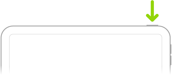 A green arrow pointing to the button on the top-right of iPad.
