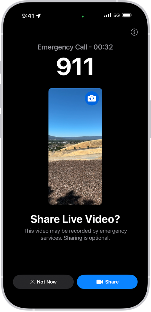 An Emergency SOS Live Video screen showing a 911 phone emergency call with a video preview in the middle. At the bottom are buttons for Not Now and Share Video.