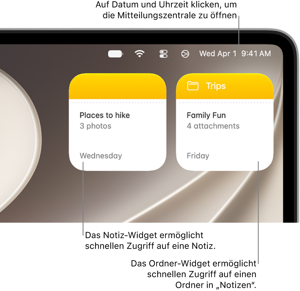 Zwei „Notizen“-Widgets. Das Widget „Ordner“ zeigt einen Ordner in der App „Notizen“ und das Widget „Notizen“ zeigt eine Notiz. Klicke in der Menüleiste auf Datum und Uhrzeit, um die Mitteilungszentrale zu öffnen.