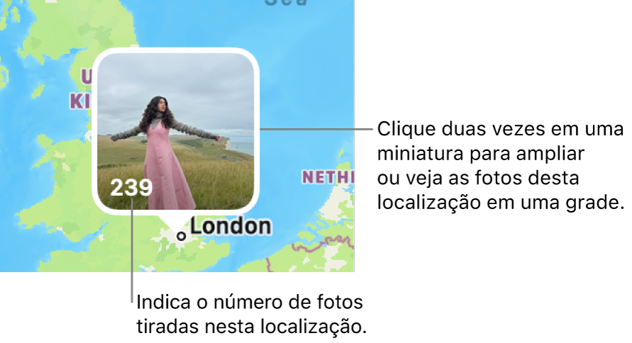 Uma miniatura de foto em um mapa, com um número no canto inferior esquerdo indicando o número de fotos tiradas no local.