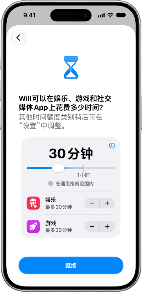 家长控制设置屏幕，显示“社交媒体”和“娱乐”等 App 类别的允许时长。