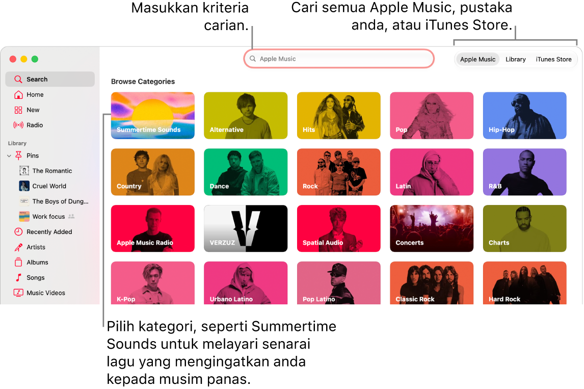 Tetingkap Apple Music menunjukkan medan carian, senarai kategori di bahagian tengah tetingkap dan Apple Music, Pustaka Anda dan iTunes Store tersedia di penjuru kanan atas. Masukkan kriteria carian dalam medan carian, kemudian pilih untuk mencari semua daripada Apple Music, pustaka anda sahaja, atau iTunes Store.