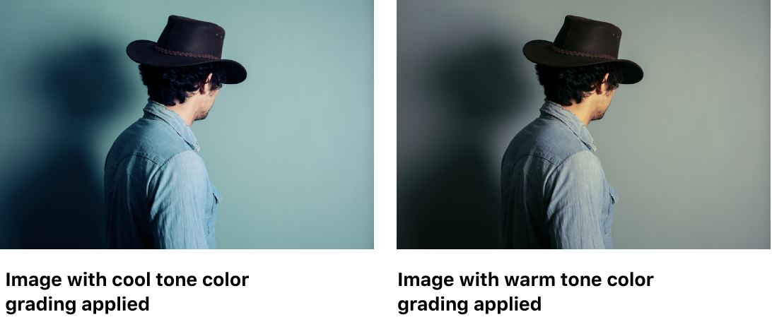 A side-by-side examples of two color grading styles applied to a photo of a person: cool tone versus warm tone.