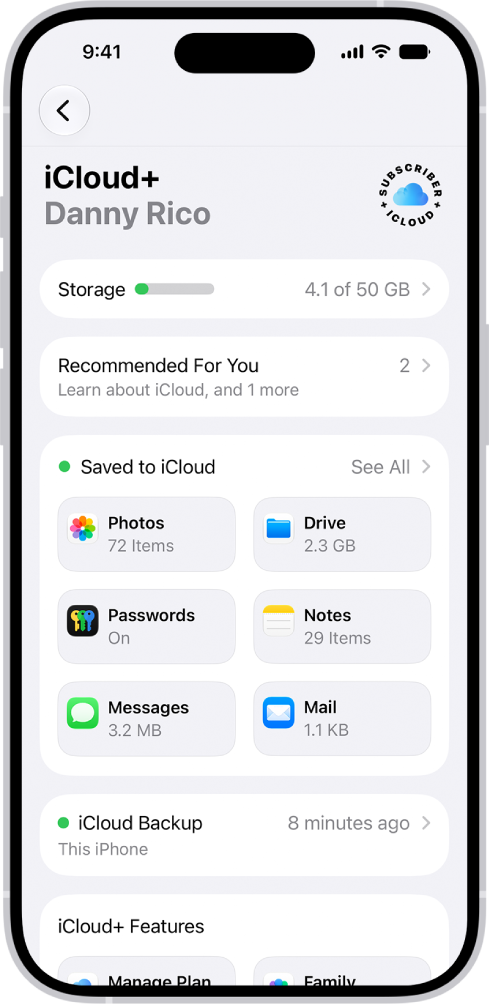 iCloud 设置屏幕，显示 iCloud 储存空间指示器和可配合 iCloud 使用的功能列表，包括“照片”、iCloud 云盘和 iCloud 云备份。