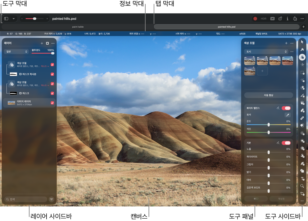 Pixelmator&nbsp;Pro 인터페이스
