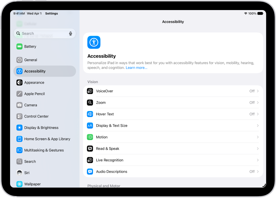 A Settings screen showing Accessibility options such as VoiceOver, Live Recognition, and Audio Descriptions.