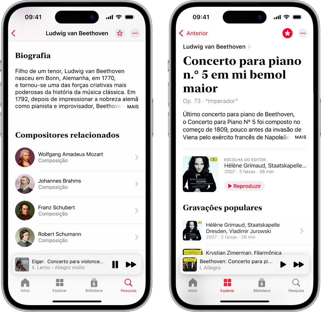 Dois dispositivos iPhone a mostrar várias informações sobre música clássica. O primeiro mostra a biografia de um compositor na parte superior do ecrã. O segundo mostra uma descrição imediatamente abaixo do nome da obra.