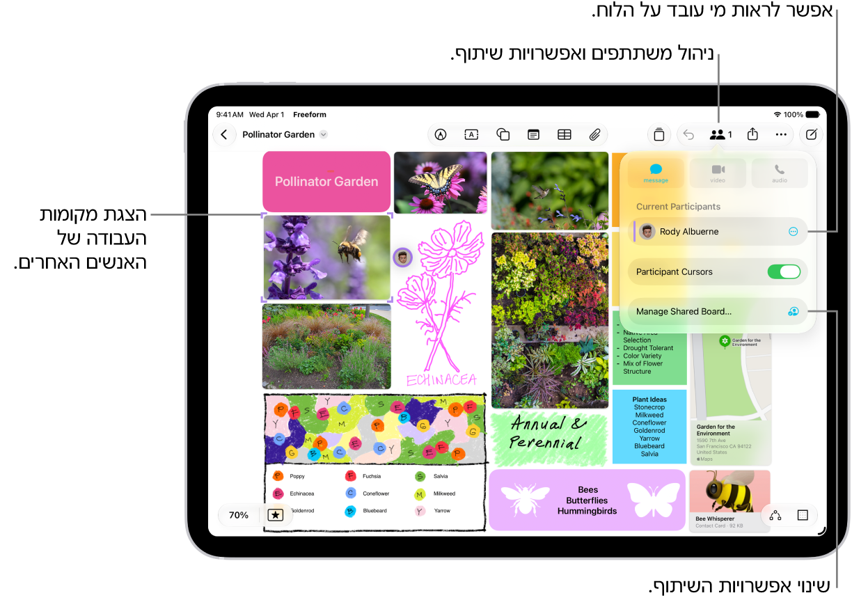 לוח Freeform משותף ב-iPad שבו התפריט ״שיתוף פעולה״ פתוח והמיקום של משתתים אחרים בלוח מסומן עם סימני אישור צבעוניים.