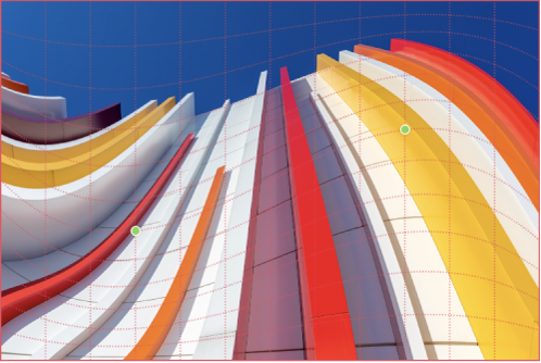 A layer with a Warp adjustment applied and a warp handle that has been manually adjusted.