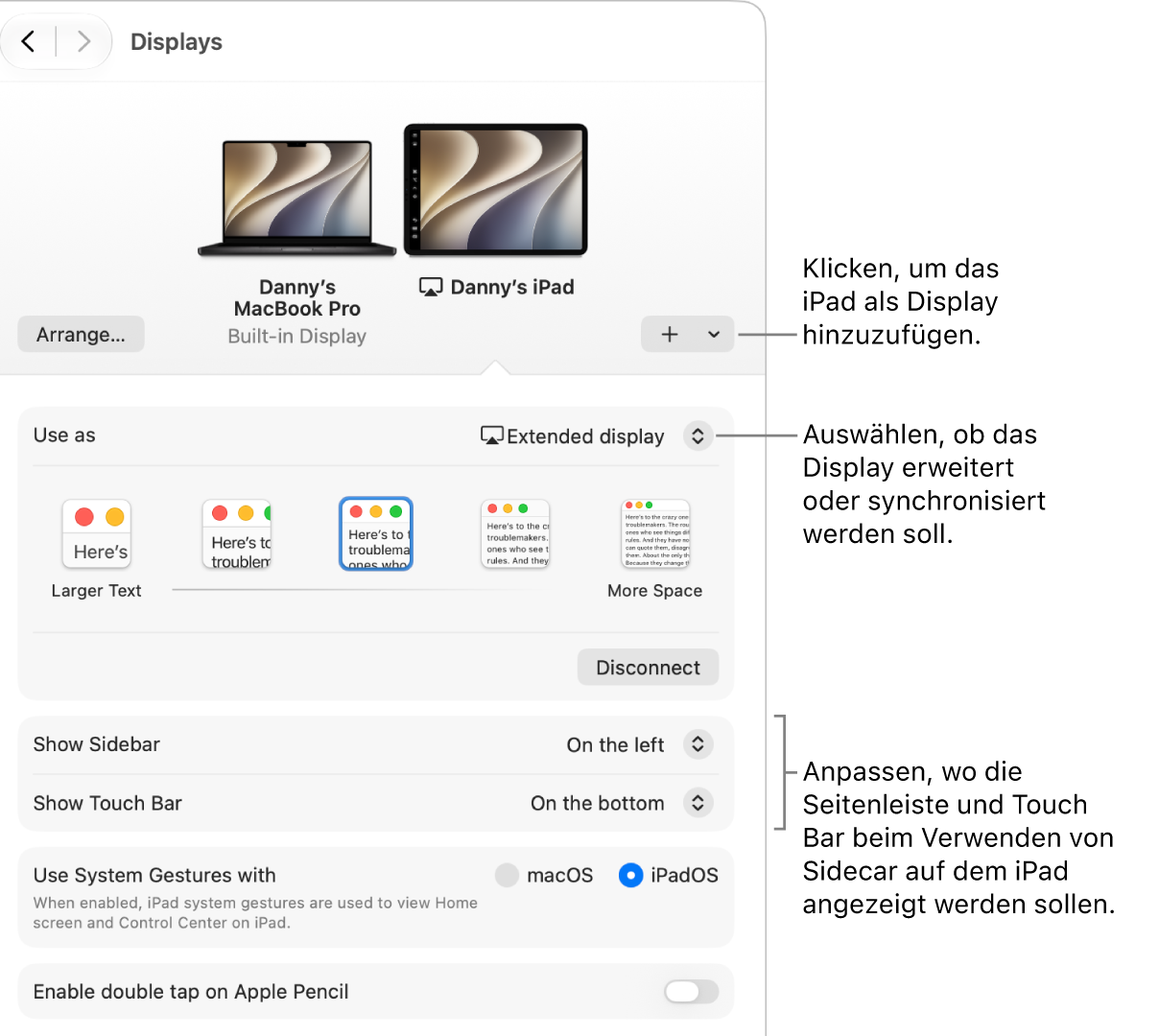 Der Bereich „Displays“ auf dem Mac mit Optionen zum Konfigurieren von Sidecar.
