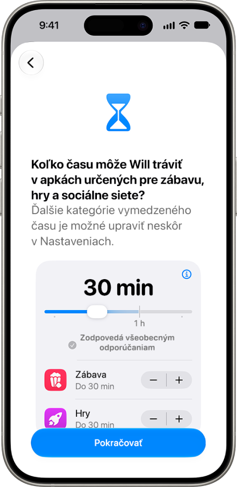 Obrazovka nastavenia rodičovskej ochrany zobrazujúca povolený čas v&nbsp;kategóriách apiek, ako sú Sociálne médiá a&nbsp;Zábava.
