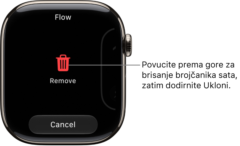 Zaslon aplikacije Apple&nbsp;Watch koji prikazuje tipke Ukloni i Poništi, koji se pojavljuje nakon što povučete na brojčanik sata, zatim povucite prema gore na njega kako biste ga obrisali.