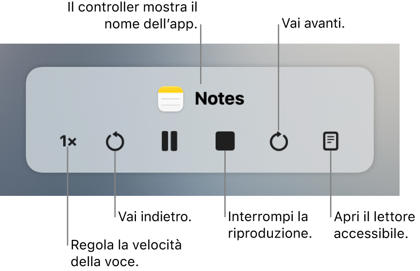 Il controller sullo schermo che può essere mostrato quando il Mac legge ad alta voce il testo selezionato. Il controller include sei pulsanti che ti consentono, da sinistra a destra, di regolare la velocità di lettura, andare indietro, riprodurre o mettere in pausa il parlato, interrompere il parlato, andare avanti e aprire il lettore accessibile. Il nome dell’app viene mostrato in alto sul controller.