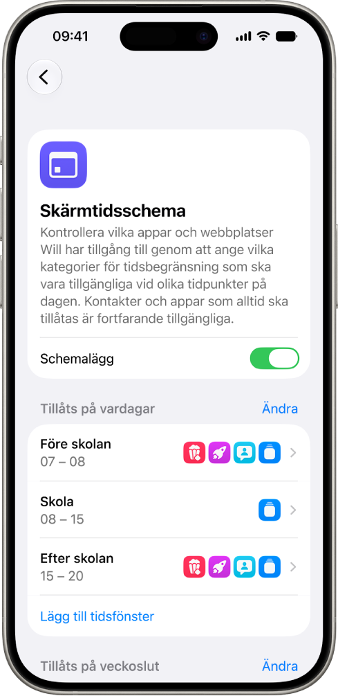 Skärmen Skärmtidsschema i inställningarna för Skärmtid som visar ett schema för vardagar med tidsfönster för Före skolan, I skolan och Efter skolan.