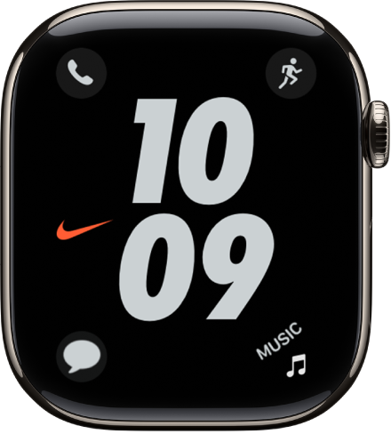 Cadran Nike Hybride avec de grands chiffres montrant l’heure au milieu. Quatre complications sont affichées&nbsp;: Téléphone est en haut à gauche, Exercice en haut à droite, Messages en bas à gauche et Musique en bas à droite.