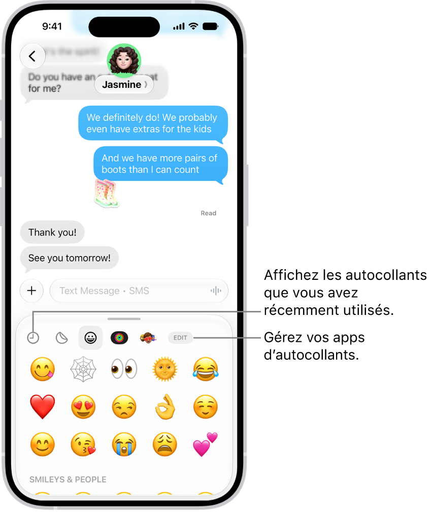 Les autocollants s’affichent sous une conversation. Chaque bouton situé en haut de la fiche ouvre un paquet d’autocollants.