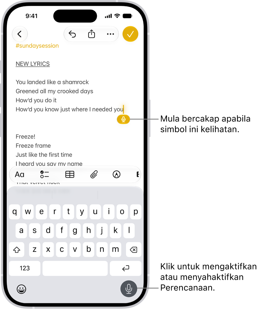 Papan kekunci atas skrin terbuka dalam app Mail. Butang Perencanaan yang berada di penjuru kanan bawah skrin dipilih dan butang Perencanaan kelihatan di bawah titik sisipan dalam medan teks.