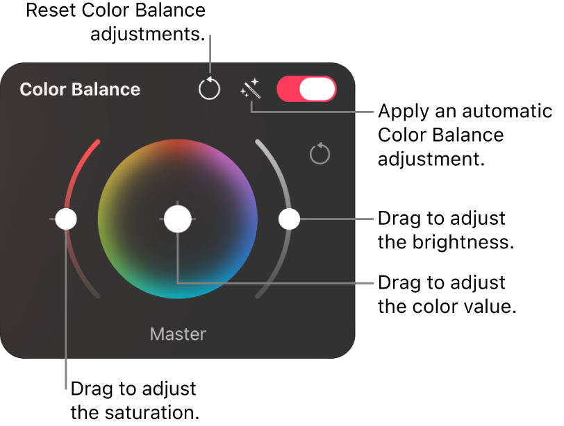 The Color Balance wheel control in the Color Adjustments pane.