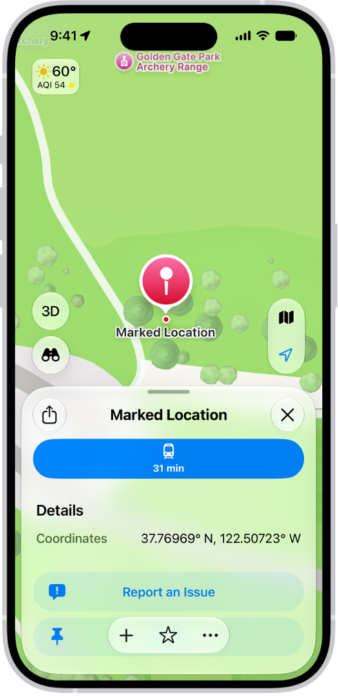 A map showing a dropped pin in a park. Below it, buttons to get directions to the pin, download its surrounding area, or move it appear.