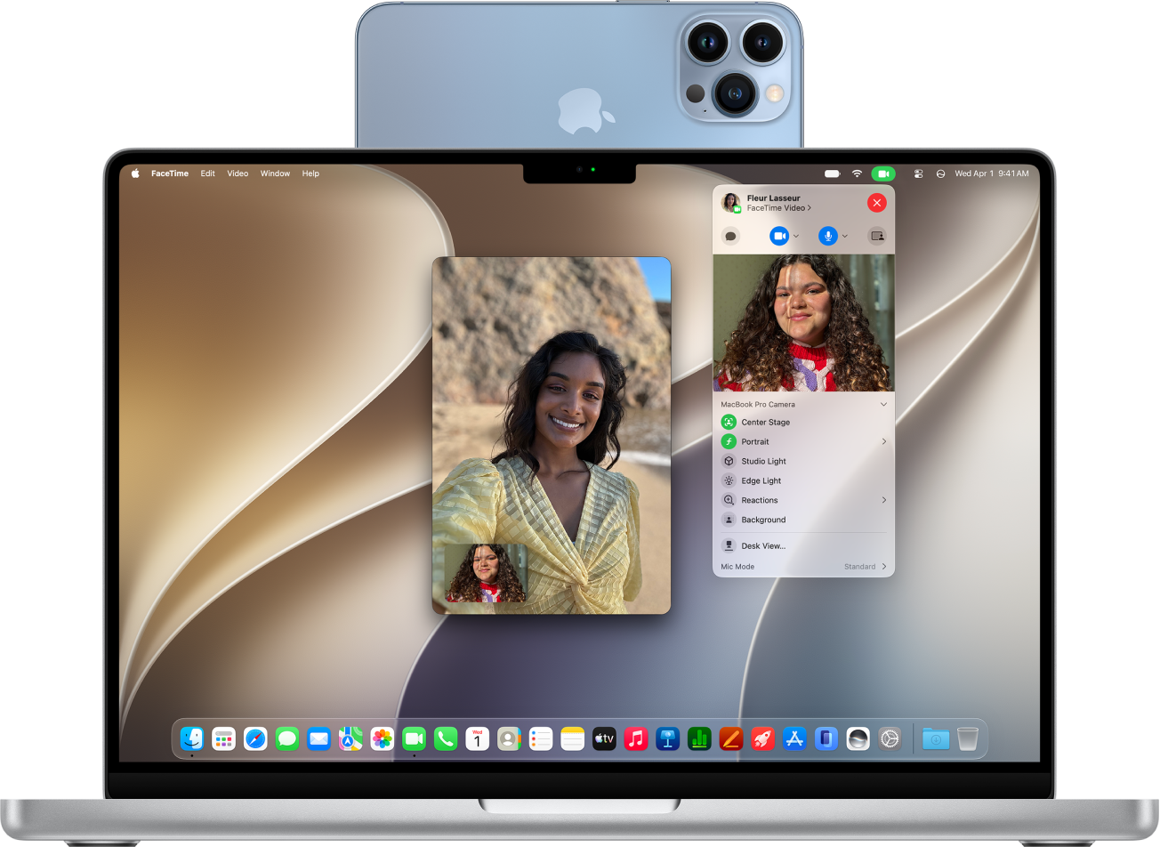 A MacBook Pro using an iPhone as a webcam and showing a FaceTime conversation.