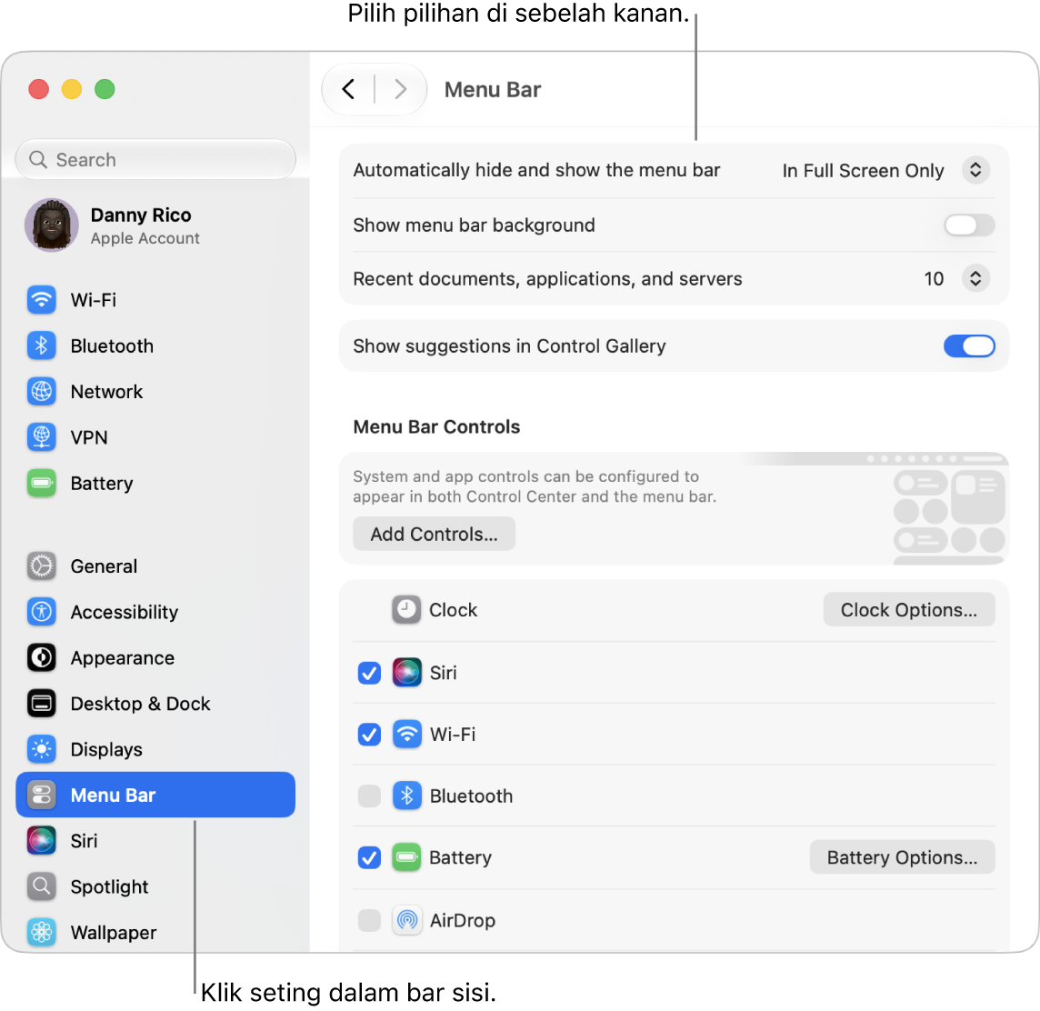 Tetingkap Seting Sistem, dengan seting Bar Menu dipilih dalam bar sisi dan pilihan Bar Menu di sebelah kanan.