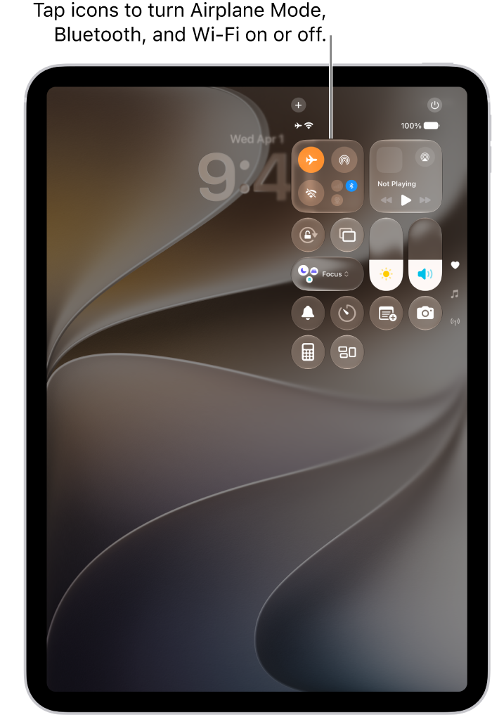The Control Center screen showing that tapping the top-left button turns on Airplane Mode.