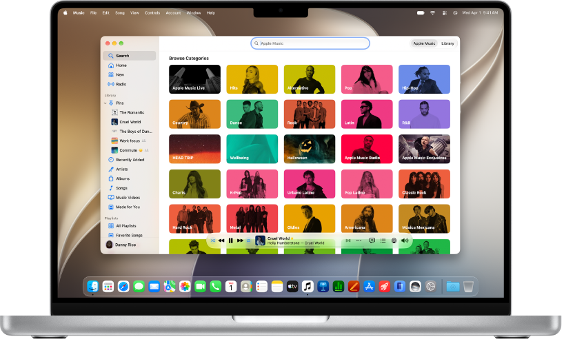 The Apple Music window showing the search field and category tiles.