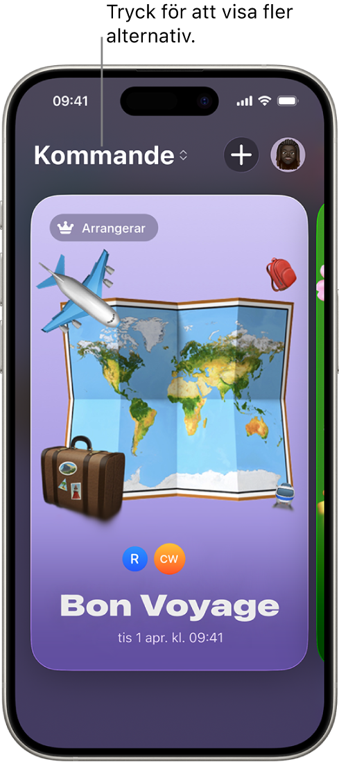 En skärm i appen Inbjudningar som visar ett kommande evenemang.