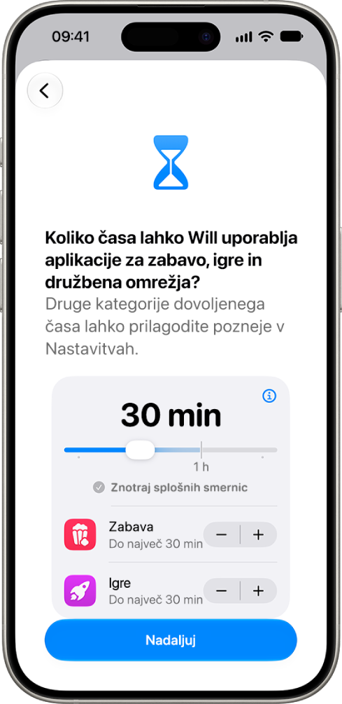 Zaslon za nastavitev starševskega nadzora, na katerem so prikazane možnosti za izbiro dovoljenega časa v kategorijah aplikacij, kot sta družbena omrežja in zabava.
