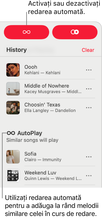 Istoricul este vizibil în colțul din dreapta sus al ferestrei Apple&nbsp;Music. Este afișată și secțiunea Redare automată.