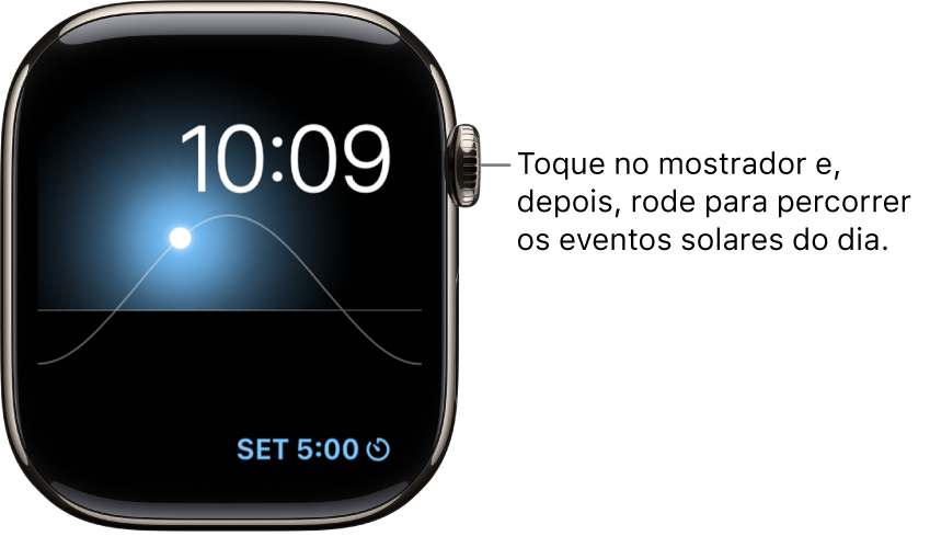O mostrador Gráfico Solar mostra o dia, a data e a hora, que não podem ser modificados. Surge uma complicação “Temporizador” no canto inferior direito. Toque no mostrador e, depois, rode a Digital&nbsp;Crown para mover o sol no céu para o anoitecer, o amanhecer, o zénite, o pôr do sol e a escuridão.