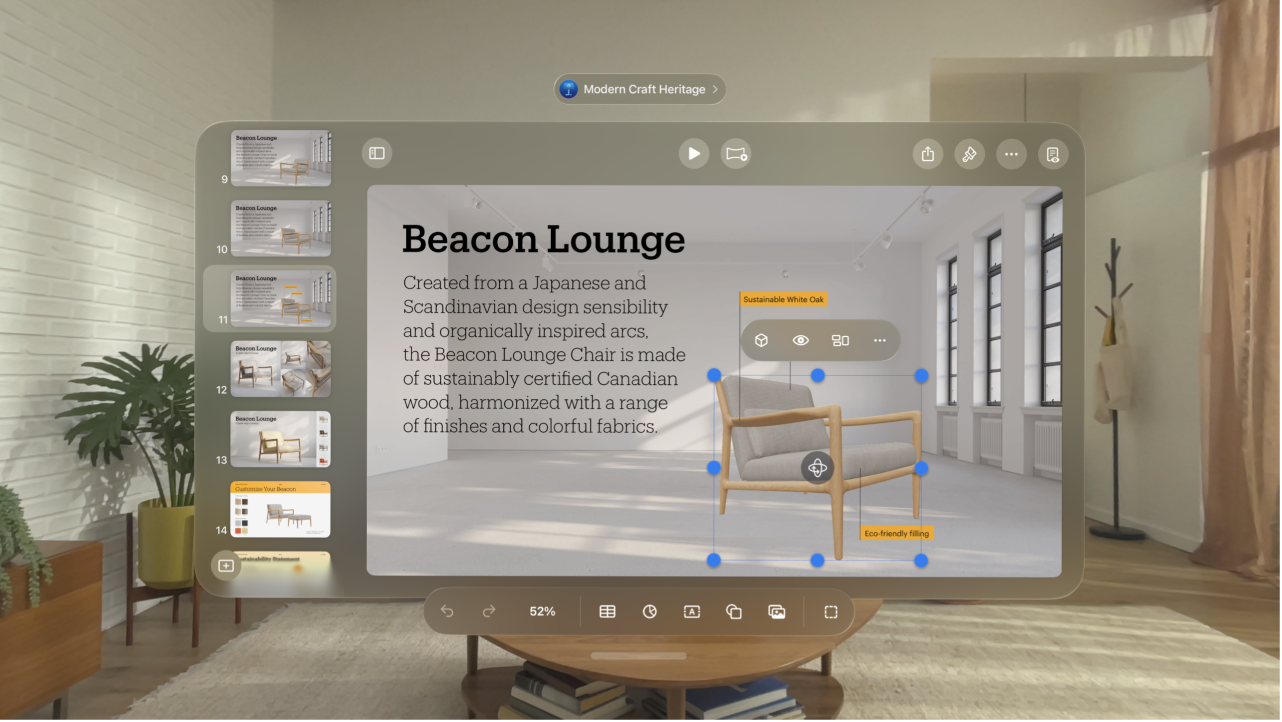 The Keynote app on Apple&nbsp;Vision&nbsp;Pro, showing a selected 3D object, with the format bar above it and the toolbar below it.